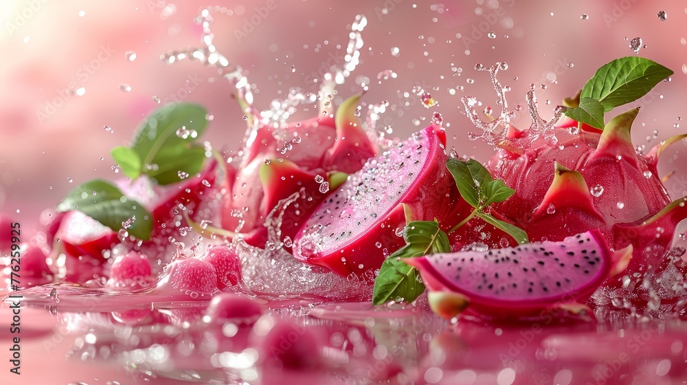   A watermelon and dragon fruit plunge into a rosy-hued pool, surrounded by verdant green leaves