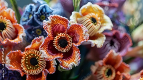   A tight shot of various colored blooms  with one flower prominently featured in the center