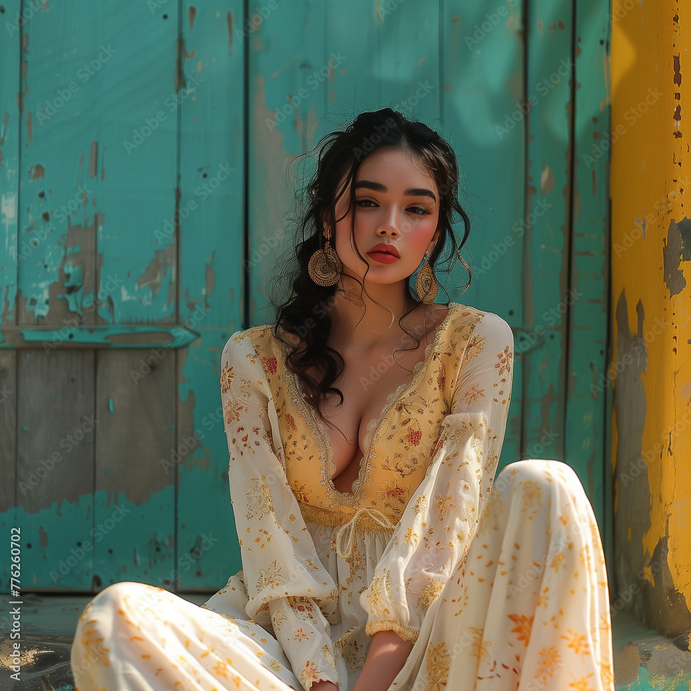 Φωτογραφία Woman in yellow dress sitting on wooden bench, outdoors, long hair, young woman,