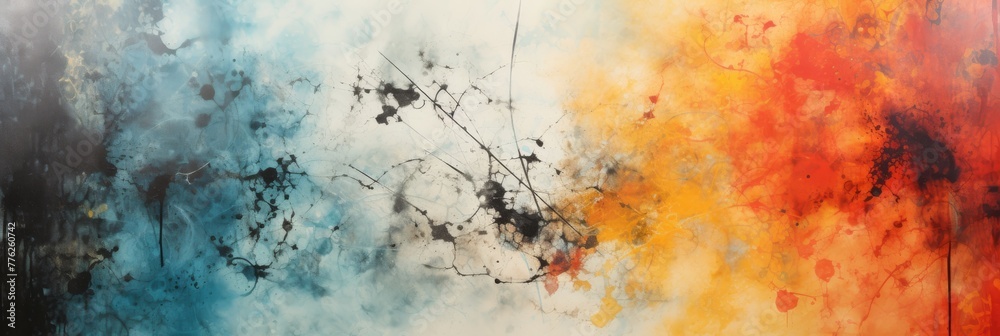 Abstract Artwork Background with Blue and Orange Paint Splatters and Stains. Generative AI