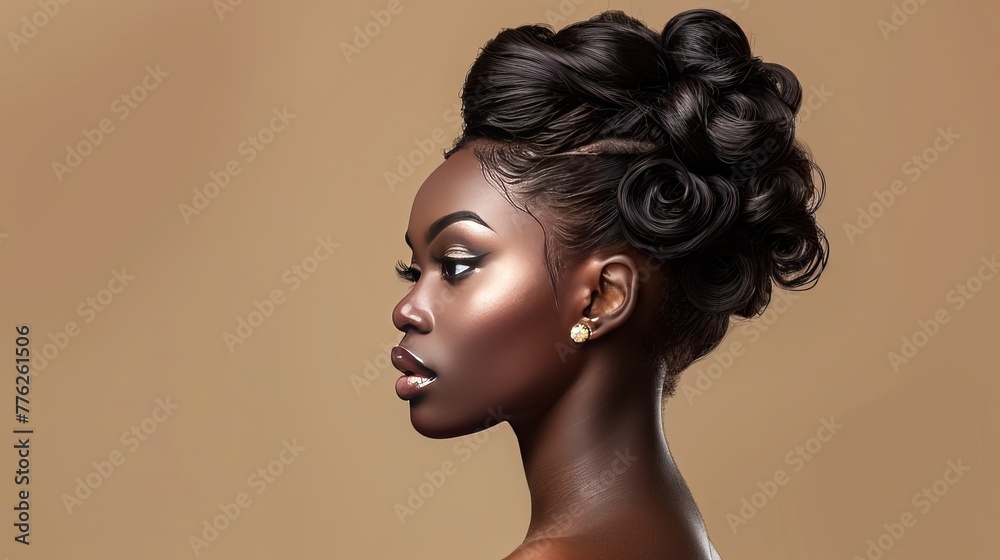 Fashion model with beautiful voluminous hair and healthy skin. Black afro american woman with luxurious updo haircut, waves and curls volume hairstyle.