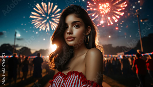 A Latino girl celebrating Independence Day, with Fourth of July fireworks.