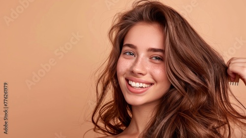 Beautiful young smiling woman brushing wavy hair generative ai