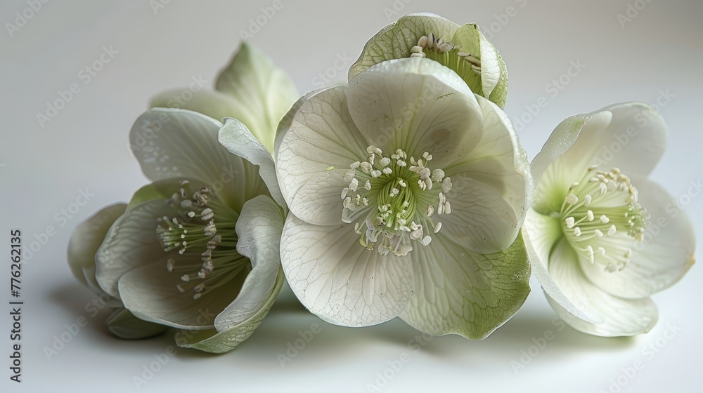 A collection of white blooms arranged together atop a pristine white table, dripping with water A collection of white blooms arranged together atop a pristine white table, dripping with water