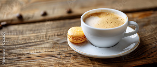 Cup of coffee and macaroni on wooden table, latte, cookie, milk, cream, plate