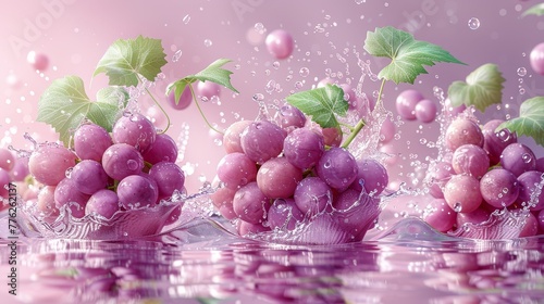  A cluster of grapes bobbing atop a body of water, each one crowned with a leaf