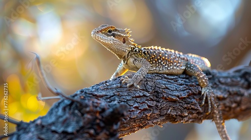 Intricate lizard perches on a tree branch, with a blurred background highlighting its detailed features. photo