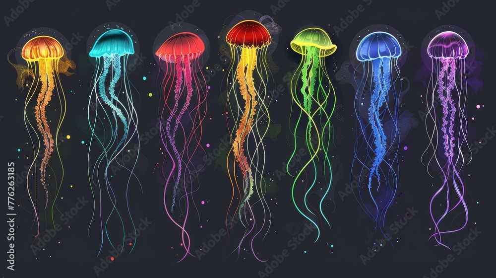 A row of jellyfish against a black backdrop, some with multicolored hues A row of jellyfish against a black backdrop, some with multicolored hues