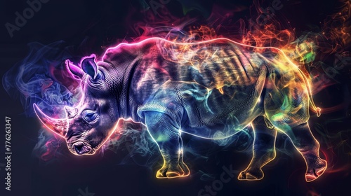  A rhino with multi-colored markings on its face and billowing smoke emerging from its back