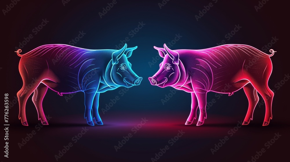 Fototapeta premium Two cows positioned side by side against a backdrop of purple and pink hues, contrasted by a black foreground