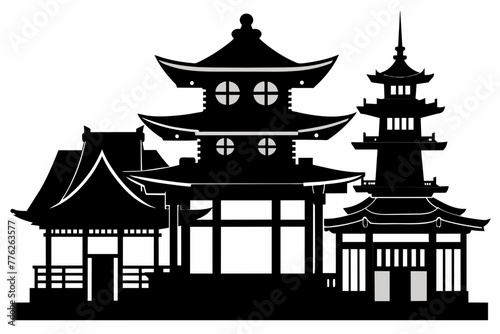 Japanese architecture set, black color, white background