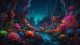 Amid the vast darkness of space, a bioluminescent schlocky space oasis shimmers with vibrant hues and whimsical shapes.