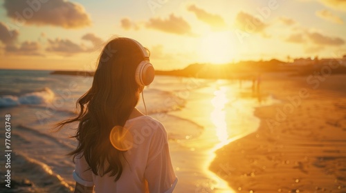 woman listening to music in front of a beach generative ai © ThisDesign