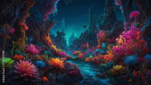 Amid the vast darkness of space  a bioluminescent schlocky space oasis shimmers with vibrant hues and whimsical shapes.