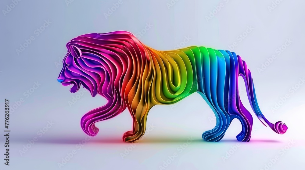 Fototapeta premium A multicolored lion stands centrally against a white backdrop, its vibrant hues subtly mirrored by a gentle light reflection