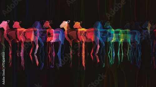   A band of horses aligned before a black canvas adorned with multicolored lines photo