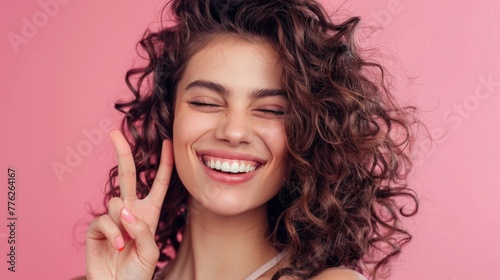 Curly hair girl winking and smiling generative ai photo