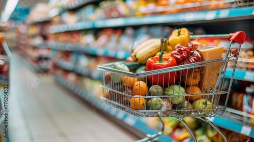 Shopping cart with food in the aisle of a supermarket generative ai