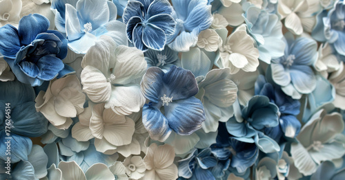  A tight shot of a cluster of blue and white blooms Blue and white flowers populate the center