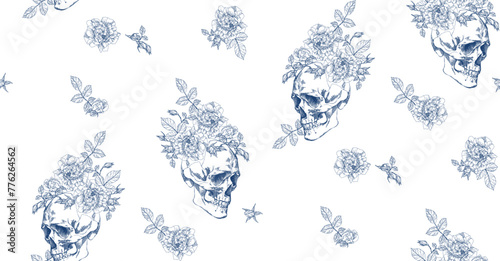 Vintage skull with flowers seamless pattern on transparent background	