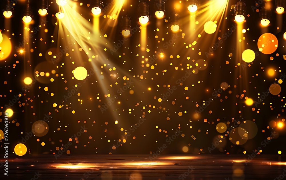 A stage background with yellow light spots and sparkles on dark brown background vector presentation design, glowing lights and sparkles on black background