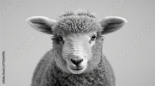  A black-and-white image of a sheep gazing at the camera, its woolly head prominent