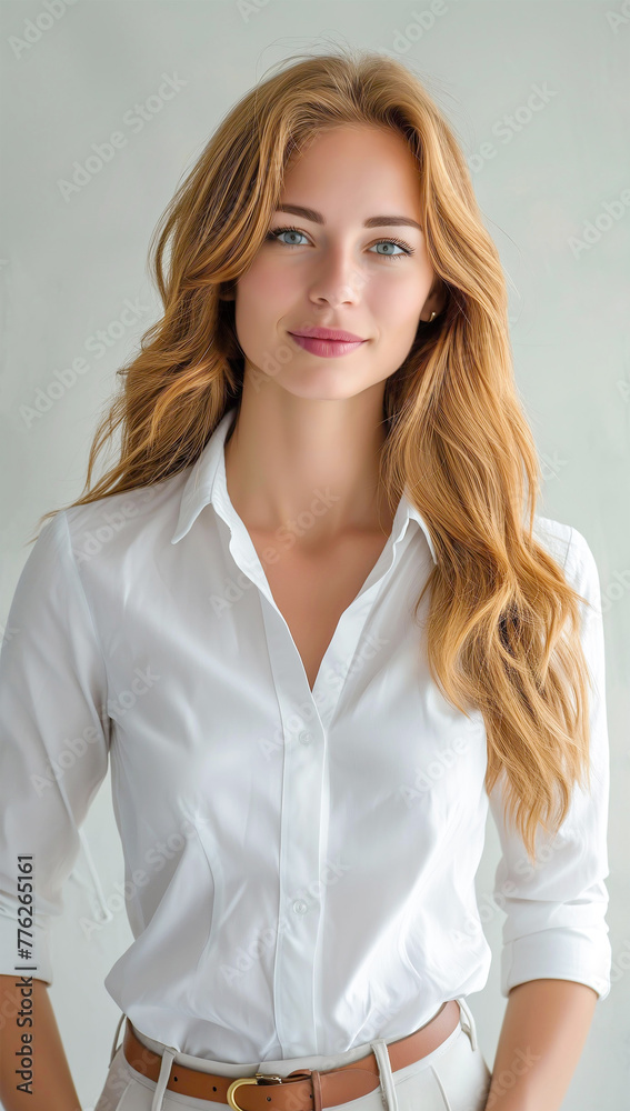 Beautiful young confident woman with blond hair in white casual shirt standing with her hands in her pocket, she is smiling subtly radiating beauty and confidence Beautiful young confident woman with blond hair in white casual shirt standing with her hands in her pocket, she is smiling subtly radiating beauty and confidence