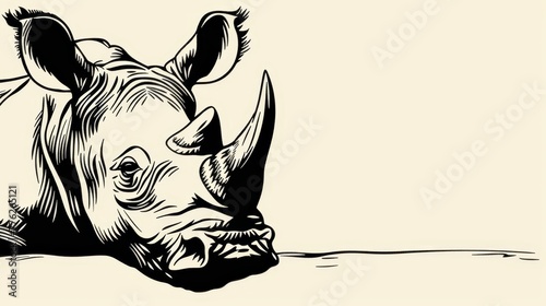  A black-and-white drawing of a rhino lying down, head turned sideways, resting chin on the ground