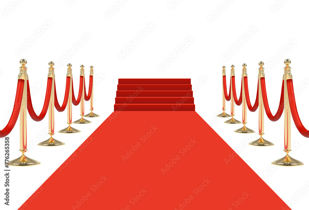 Red carpet on stairs with red ropes on golden stanchions. Png clipart isolated on transparent background - obrazy, fototapety, plakaty 
