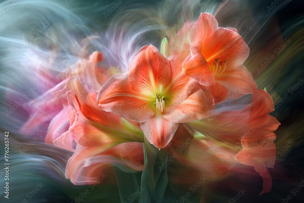 Bright flowers with a soft glow create a dreamy, long exposure, lines, dancing flowers blurred