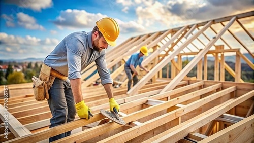 construction worker on the roof,A roofer-builder diligently working on the roof structure at a construction site. A Caucasian contractor oversees the wooden house frame. Industrial vibes permeate the  photo