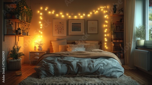 A bedroom with a neatly made bed and a string of lights overhanging the headboard