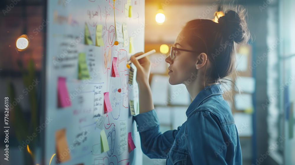 A young businesswoman writing on a whiteboard with sticky notes in her office, engaged in creative thinking and brainstorming. A female professional designer sketches ideas on the board A young businesswoman writing on a whiteboard with sticky notes in her office, engaged in creative thinking and brainstorming. A female professional designer sketches ideas on the board