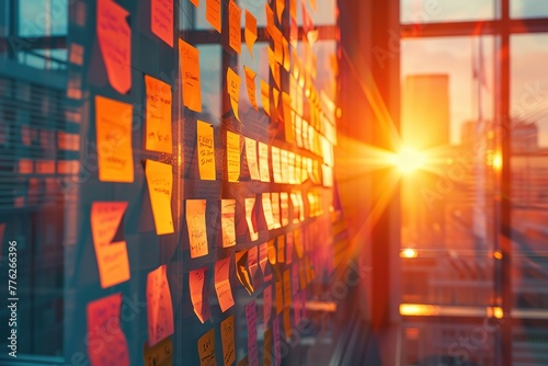 Office Notice Board with Sticky Notes at sunset, Ai Generated © Mediapro