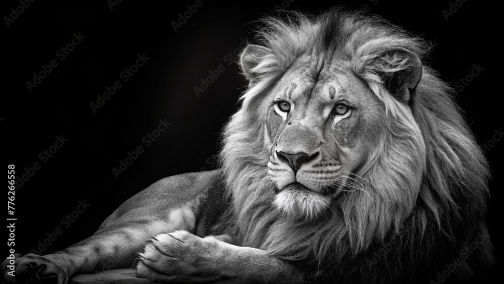 portrait of a lion, portrait of a lion, A lion resting peacefully. A striking black and white portrait of a leopard against a dark backdrop. Part of the Predator series, capturing the essence of dange