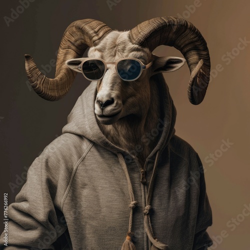 Portrait of a stylish ram in a hoodie and in sunglasses on a one color background - generative ai