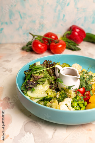 A Balanced Diet Plate With Vegetables, Salad And Dressing. Salad Bowl.