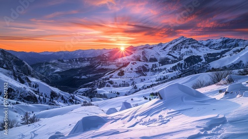 Sunrise over the snowy mountains generative ai © ThisDesign