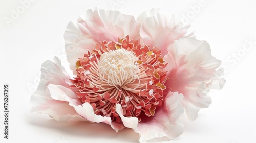   A close-up of a flower on a white background with a pink center and yellow stamen