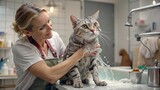 veterinarian with cat, A humorous scene unfolds as a wet cat receives a bath, with a woman carefully washing her furry friend in a grooming salon, gently shampooing the tabby gray cat.