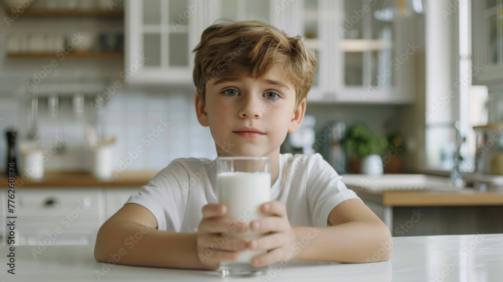 A young boy is holding a glass of milk in his hand. He is sitting at a table in a kitchen. A young boy is holding a glass of milk in his hand. He is sitting at a table in a kitchen.