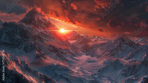 Sunrise over the snowy mountains generative ai