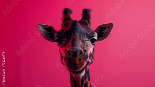   Giraffe head close-up against pink background ..Or  for a more descriptive version  Intimate shot of a giraffe s