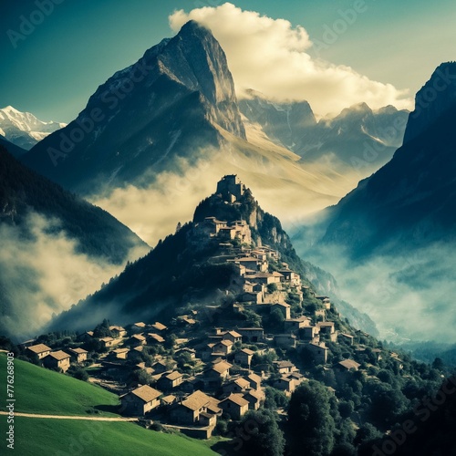 Village with mountain view. Generative AI