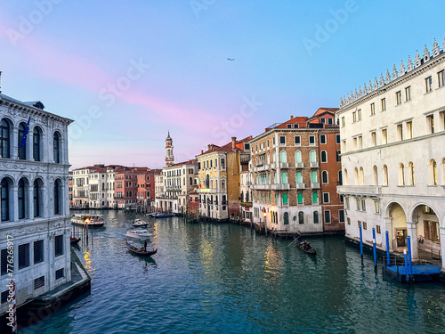 View of water Grand canal in Venice from famous Rialto bridge. Old medieval architecture in Italy © Nade
