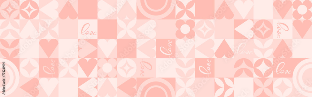 Seamless pink background for Mother's Day card template. Trendy geometric shapes with circles, squares and hearts in retro style for a Valentine's Day or wedding day cover.
