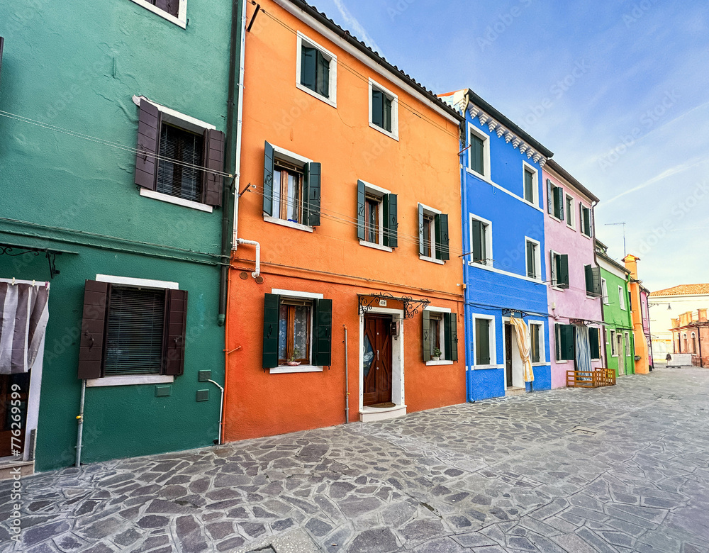 Colorful houses facades in famous island near Venice, Burano, Italy
