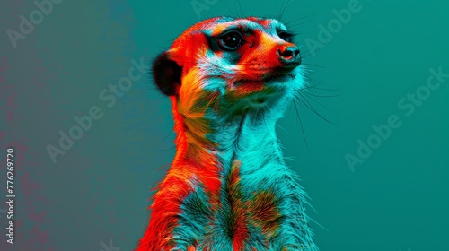  A meerkat gazing at the blue sky with a multicolored body in the background