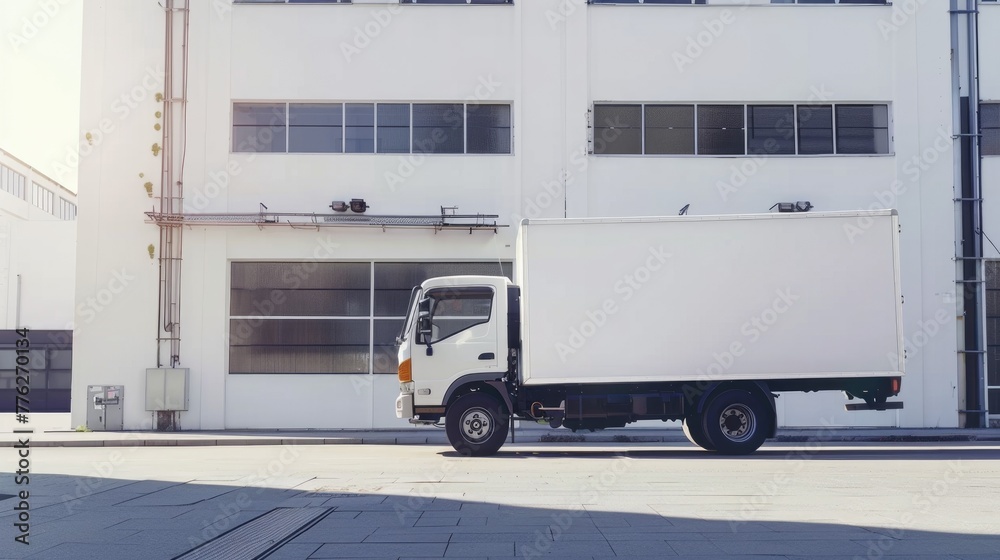 Street mock-up. White delivery van in motion on a busy city street ...