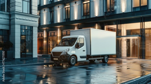 Street mock-up. White delivery van in motion on a busy city street, showcasing urban logistics and the pace of city life with blurred background for a sense of speed. Truck blind van mockup